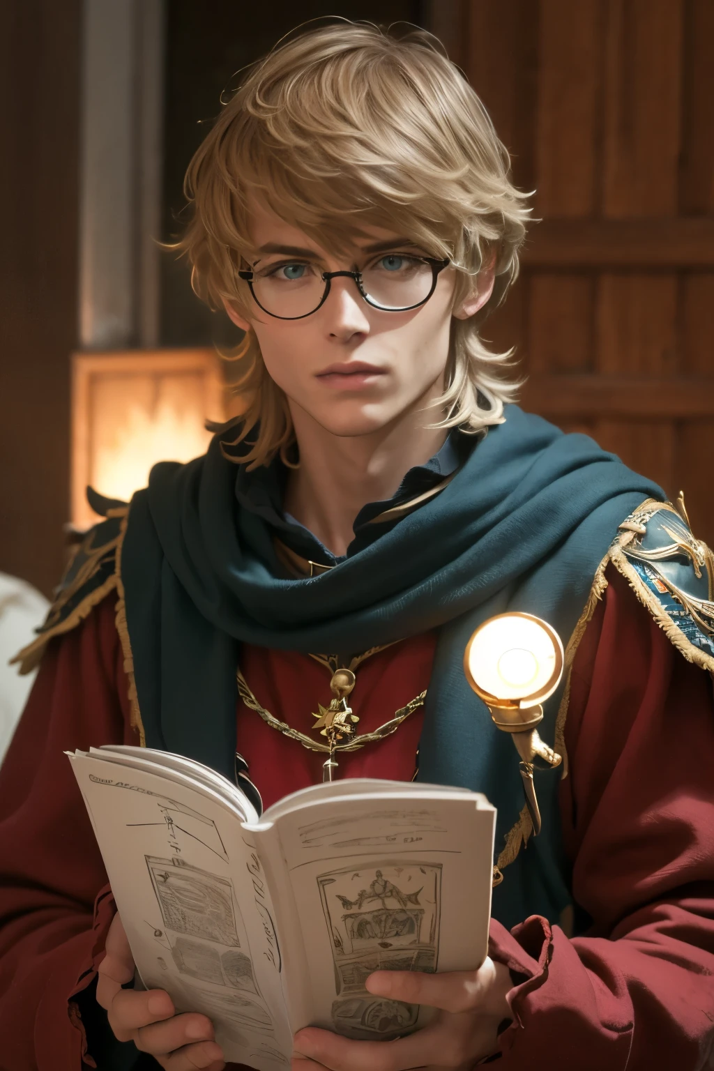 A 28-year-old man with dark brown hair and brown eyes1people((Round shaped glasses with string))Healthy tanned, smooth, young skin(A 28-year-old man with long bob cut hair dyed dark brown)Read the big spellbook(smooth skin thin chin and cheeks)The magic square that emits light((large brown eyes with strong angles and hangs))A wizard's room with glowing magic tools((Relaxed fantasy outfits))Read the big spellbook