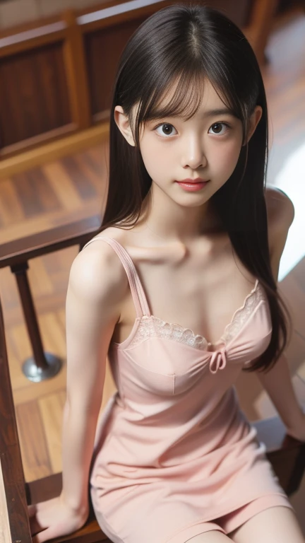 ((Highest quality)), ((Photo quality)), (detailed), Perfect Face,s old,Upper Body,Thin arms,White skin,bed,Pink camisole