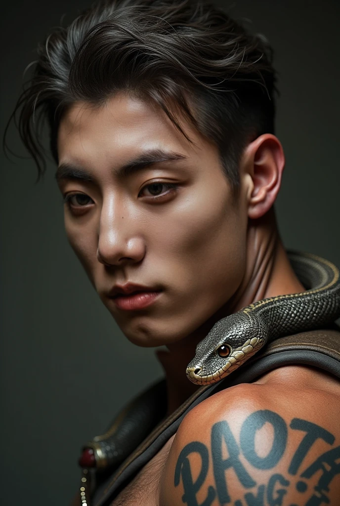 A muscular Korean man is in wonderland, 20 years old, His body is very muscular ((half golden snake body)), ((golden snake tail shaped lower body)) has no legs.. He has short black hair with shaved temples and  big, expressive green eyes.