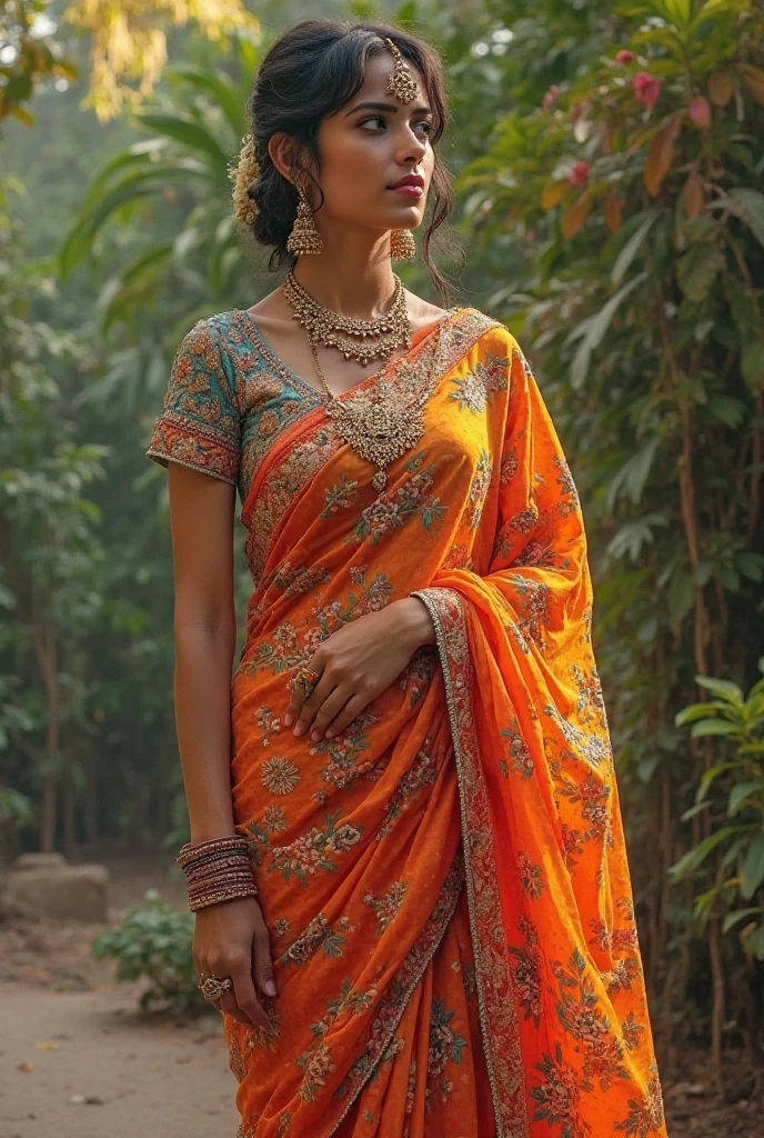 A man with a feminine low cut hair, wearing saree and blouse in a slutty manner