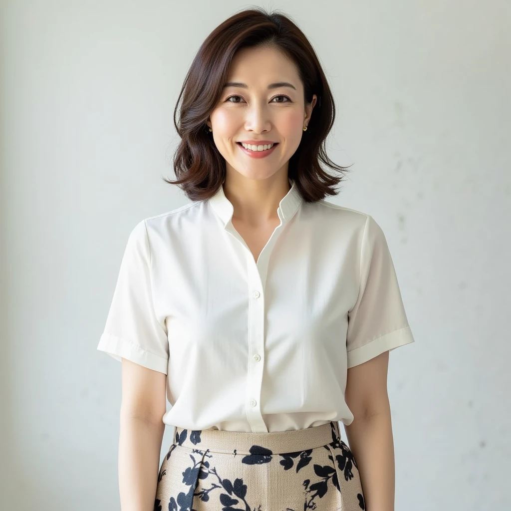 ((highest quality)), ((masterpiece)), (detailed), Perfect Face, Only one female, Walk slowly, (Light purple blouse) break (Long tight skirt、Front slit), Mature Woman, break (Brown medium hair、Straight Hair)、 Showing his forehead, A light smile, (masterpiece highest quality:1.2) 繊細なイラスト 超detailed, large breasts break (Attendance book) break (School corridor:1.2) indoor, (Beautiful sunshine), (Light of the setting sun), detailedな背景