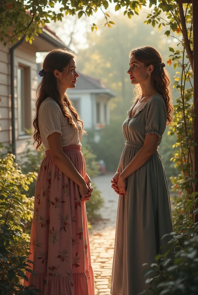 photo of a woman, dress, 2girls, 20yo, outdoors, sunset, trees, open field, soft cinematic light, adobe lightroom, photolab, hdr, intricate, highly detailed, fine details, key light, backlight, sharp focus, soothing tones, low contrast, exposure blend, movie scene, film grain, bokeh