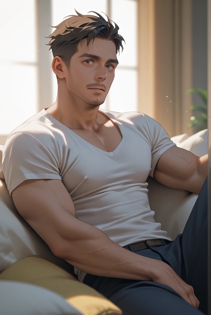 a man with no shirt sitting on a couch, sean mcloughlin, caio santos, male art, white fluffy cotton shorts, still from a music video, underwear ad, rafeal albuquerque, white soft leather model, trending on patreon, inspired by Fernando Botero, federico pelat, sexy masculine, white furniture, pablo olivera, cgsociety 9
