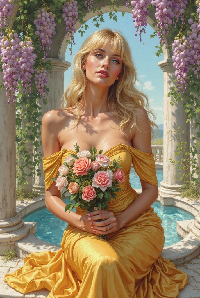 1woman, farmer, hands between knees, field, shiny skin, blush, beautiful face, green eyes, blonde hair, crownbraid, ponytail, cleavage, dutch angle, sunlight, wind, brown country dress flying leaves, sun flowers, corn field, lying on side, lying on haybail,