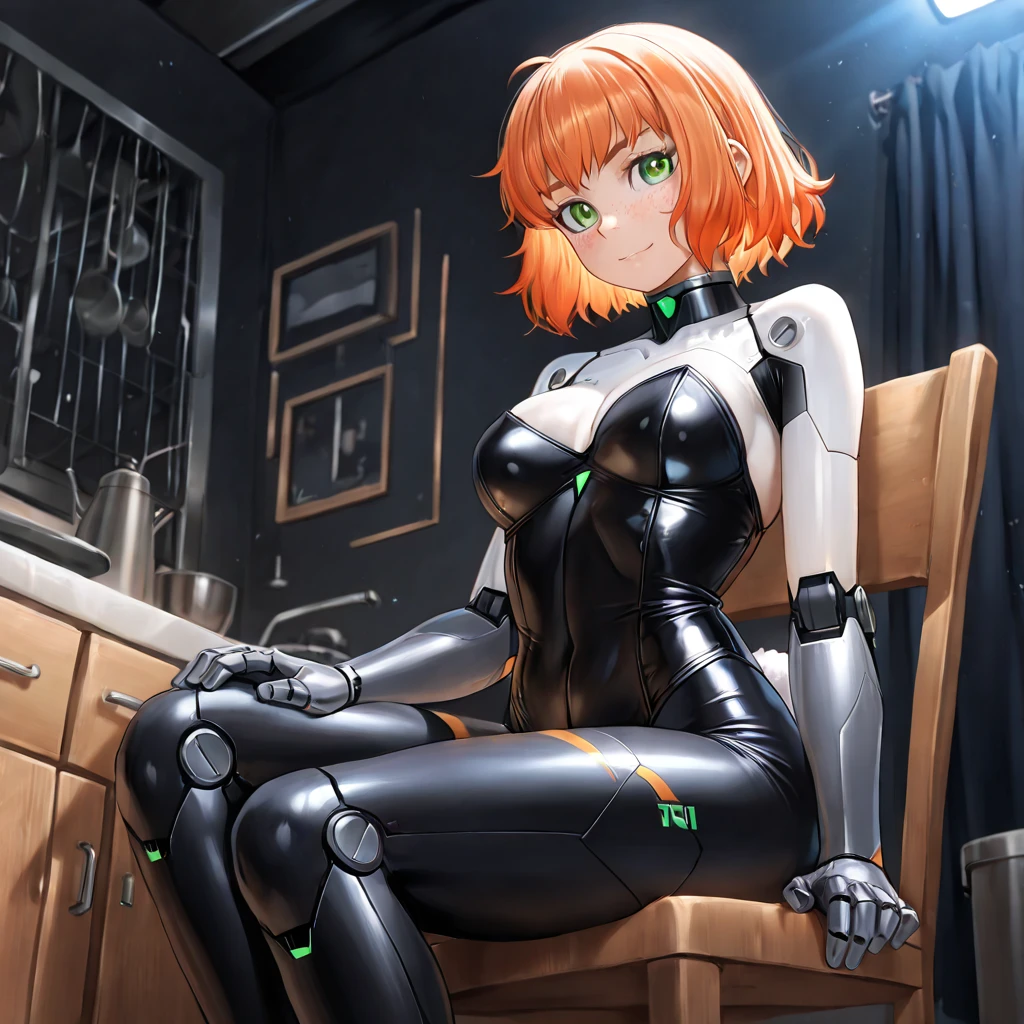 1girl, (skinny), medium breast, cat tail and ears, short red-orange fluffy hair, (swept bangs), heterochromia eyes, eye1 blue, eye2 green, (black violet plugsuit), boots, half-open eyes, half-open mouth, no smile, blushes, masturbation through clothing, fingering self, grabbing own breast, clitoral stimulation, sits on a chair, background kitchen, half body