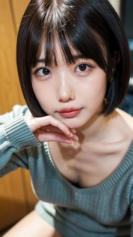 Professional photo-realistic images。A cute Japanese woman with short fluffy hair wearing a wide-necked sweatshirt without a bra。She is leaning forward and looking up at me.。Her nipples are visible through the gap in her collar。(flat chest:1.6), Front view from above。She is blushing and looking at me with an embarrassed face.。