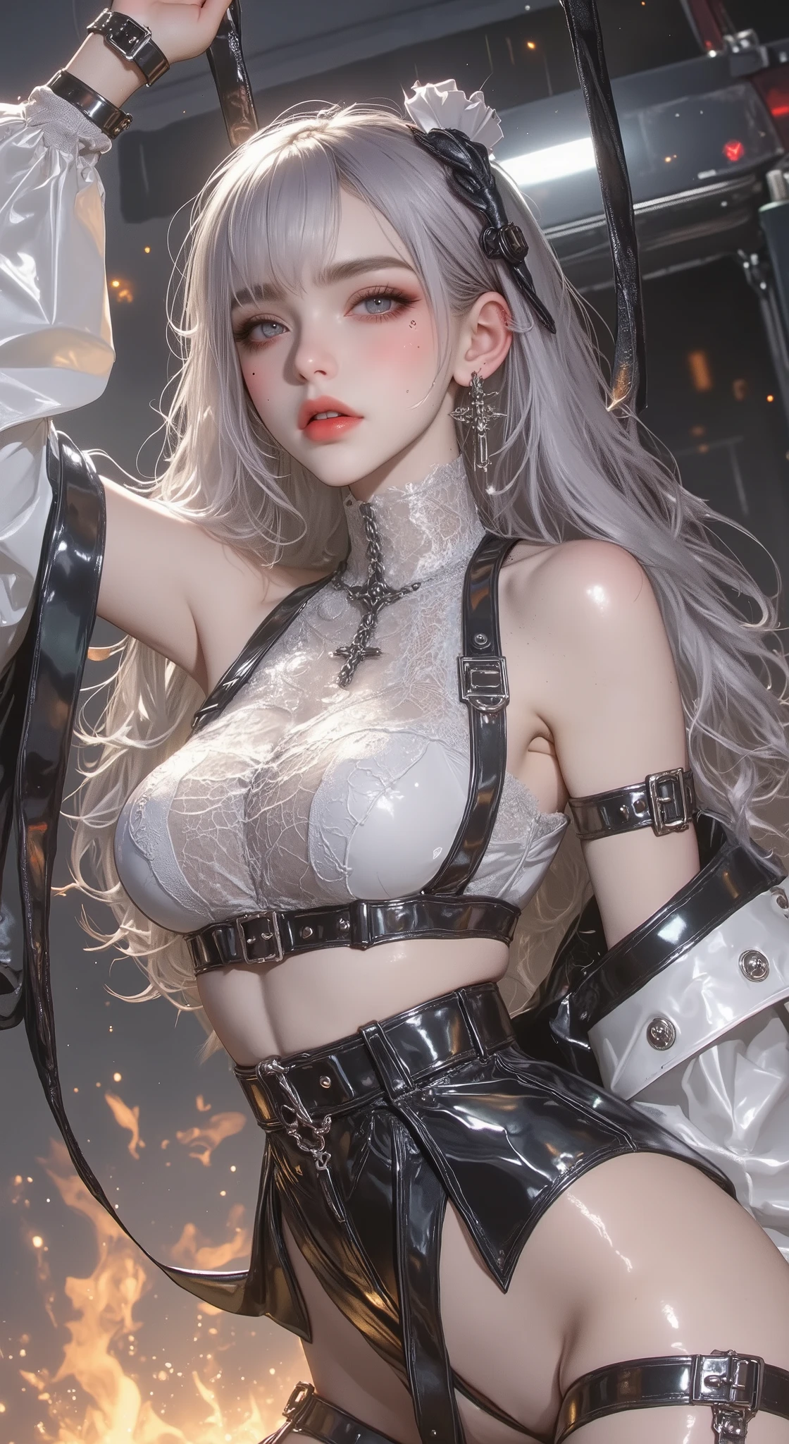  ((((Shiny silver accessory)))), ((((In the Storm、Lightning shines )))), ((((Hydrated and Radiant Skin)))), (((silver hair))), ( Backlight), ((Super wet skin)), ((Fluorescent color)), (((Detailed Images ))), brown-haired girl,  big smile,   super beautiful glowing eyes、one leg is suspended from the top with a rough rope {x} the arm is tied with a rough rope and hangs from the ceiling、sweat、The rope bound her body.、wet body、 Legs hanging from shackles 、 and a large amount of liquid flows out of her crotch、 in the classroom 、 tied with a rope 、Tied up tightly、my hands are tied、  legs hanging from restraints   (8k,   live shooting , Highest quality, masterpiece: 1.4), Ultra-fine mesh, (realism, photorealistic on the bed: 1.48), masterpiece、Highest quality、SUPER DETAILS、8k、Subtle Light、  detailed shadows  、born、(Detailed Skin)、(realism: 1.2)、18 years old、long hair、Lace Lingerie、 get wet, masterpiece, Highest quality, 超high resolution, (realistic:1.4), beautiful face in every detail,  high quality clothing , (masterpiece:1.3), (8k、Highest quality:1.4), (Highest quality, high resolution), (1 Girl:1.3), (alone:1.3), (   Mizuki Yukikaze), (hair bow, Frill collar , Blog, One Piece Tan, Release Your Sleeves , Corset Before Dildos Insertion, frills, heart cutout, micro panties, bridal garters, high heels), ( 完璧なversus称的な顔), beautiful eyelashes on chest, (Nose blush:1.3), (Flat chest:1.4), (  beautiful thighs), ((Accurate Arm, sex, Accurate legs)), (perfect anatomy), sunburn, Wheat-colored skin, (  High Detail Skin  : 1.2), dynamic angle, (Midnight Metropolis  , Decadent and Futuristic Urban ). (  Advanced Future Cars  ), (cyberpunk background, Blade Runner), VOLUME LIGHTING, bright color, (hair bow,   elbow bag, fingerless gloves, ruffle leotard, fur trim, black leotard, Knee-length boots, versus.   demon ninja suit  , One Piece Tan),