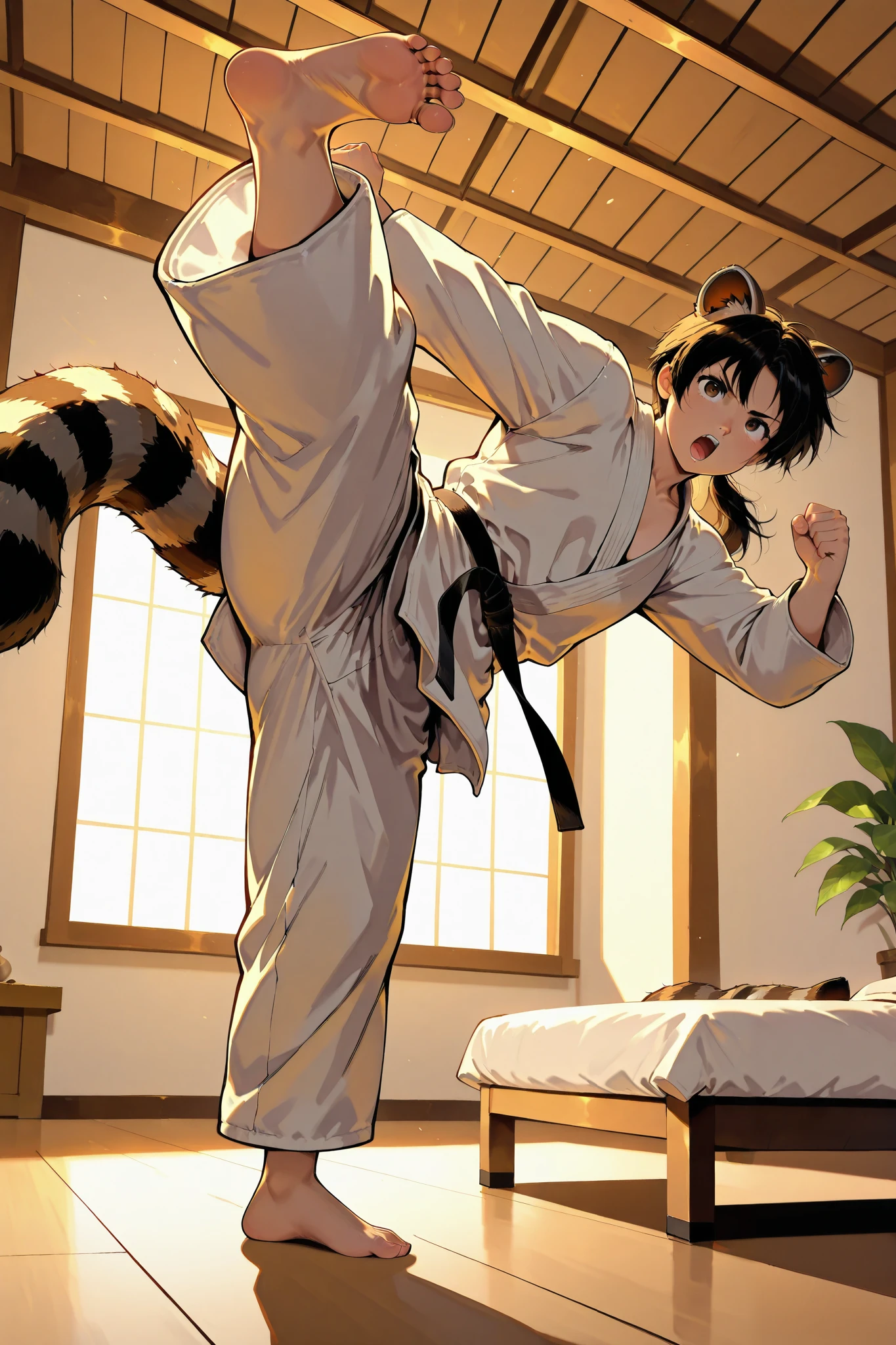 dougi, martial_arts_belt, karate_gi, indoors, barefoot, high_kick, ceiling,raccoons