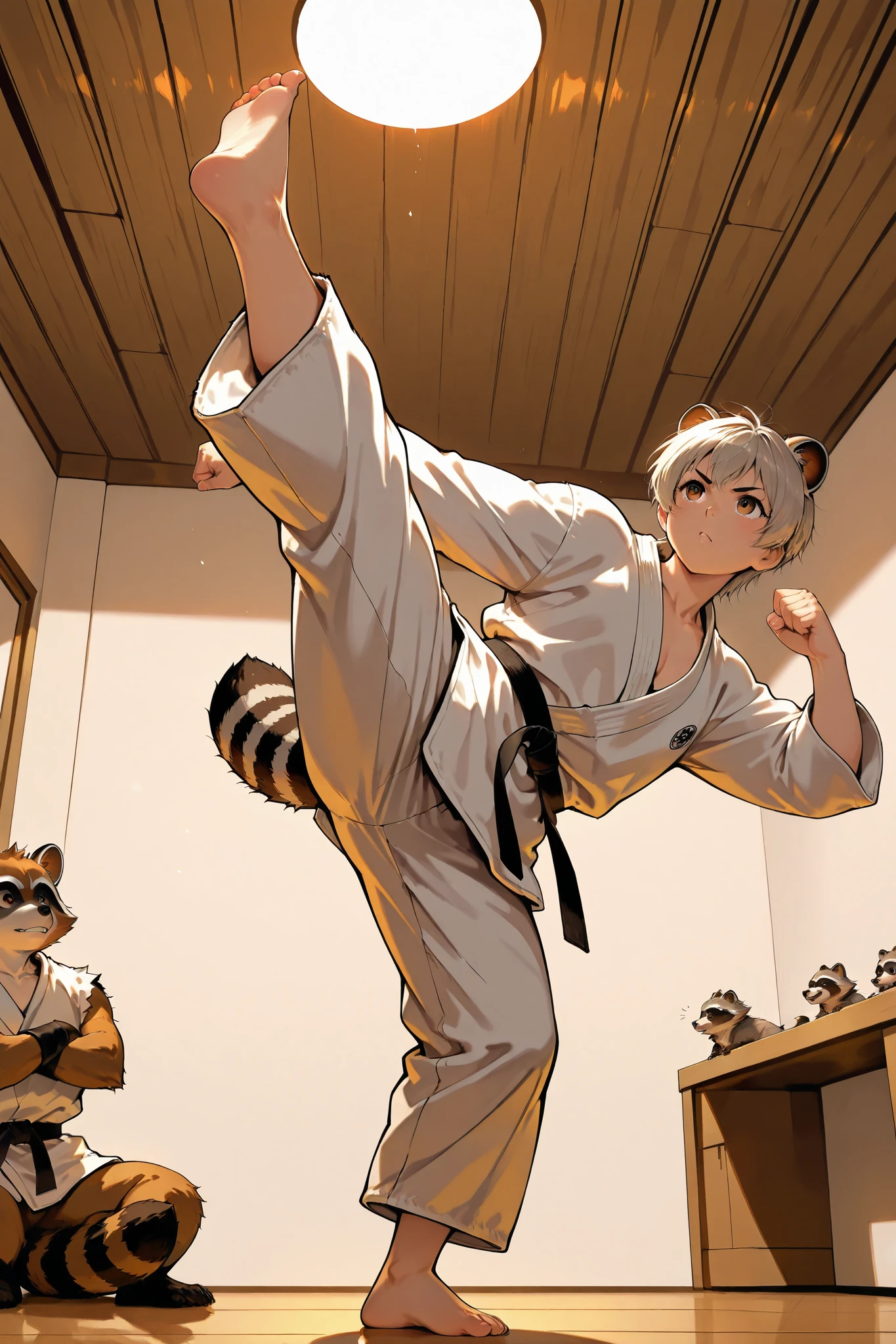 dougi, martial_arts_belt, karate_gi, indoors, barefoot, high_kick, ceiling,raccoons