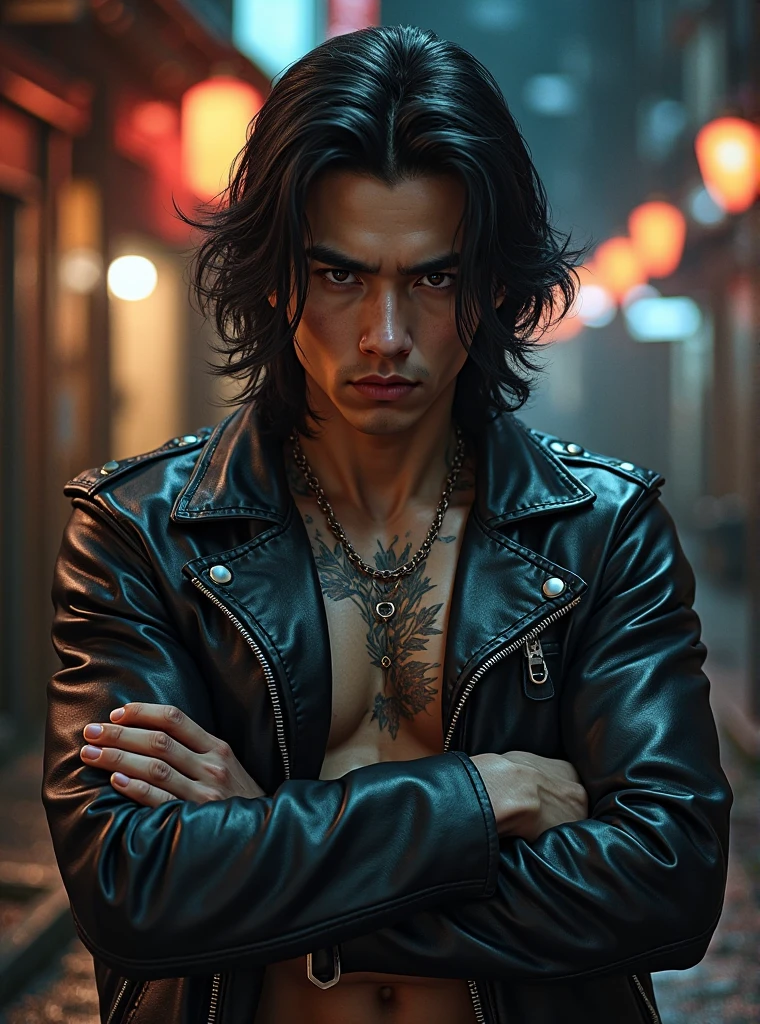 A thug with a Garuda tattoo on his back.,Mood swings,incredible light,black and white,urban setting,iron chain,smoke and fog,Brick wall,contrast,intense expression,urban decay,Strong and durable,Crow symbol,criminal underworld,The atmosphere is gloomy.,sharp details,hidden meaning,complex ink design