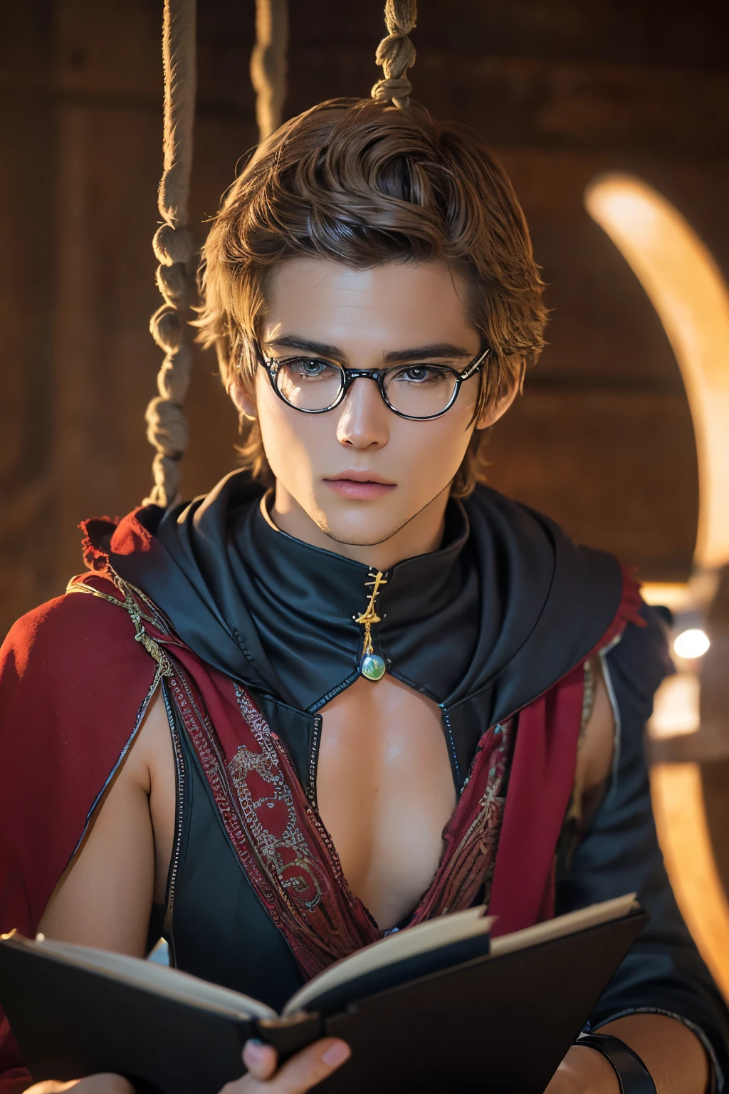 A 28-year-old man with dark brown hair and dark brown eyes1people((Round shaped glasses with string))Healthy tanned, smooth, young skin(濃い茶色に染めた長いbob cut hair)Read the big spellbook(smooth skin thin chin and cheeks)The magic square that emits light((large brown eyes with strong angles and hangs))A wizard's room with glowing magic tools((Relaxed fantasy outfits))Read the big spellbook