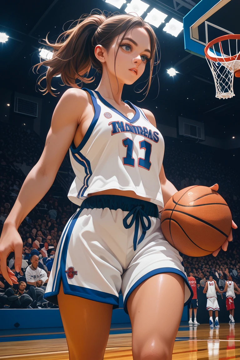 (8K, Raw photo, Best Quality, masutepiece:1.2), (Realistic, Photorealsitic:1.37),1 girl,Beautiful,Powerful, (Solo),A detailed face, Dramatic Angle,
Shoot the ball,Basketball Uniform ,Sports, Look away,Sporty,Wet skin,Sweat,Large breasts,nice legs,basketball Venues