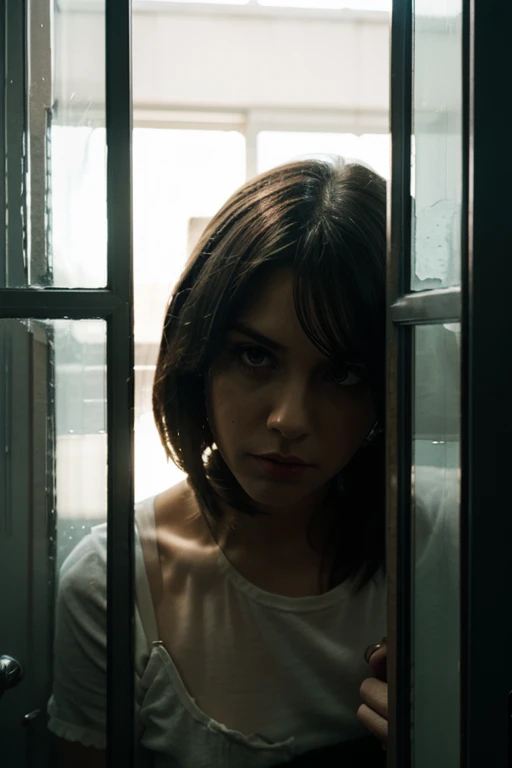 70s setting, grainy film, ultra-detailed, realistic, wallpaper, disheveled, tremor, sexual exhausted, cornered, hard breath, bob cut, sexual tension, loosing control, sexy despair, sweat, desperation, t-shirt, void, abstract, freckles, red lips, noir