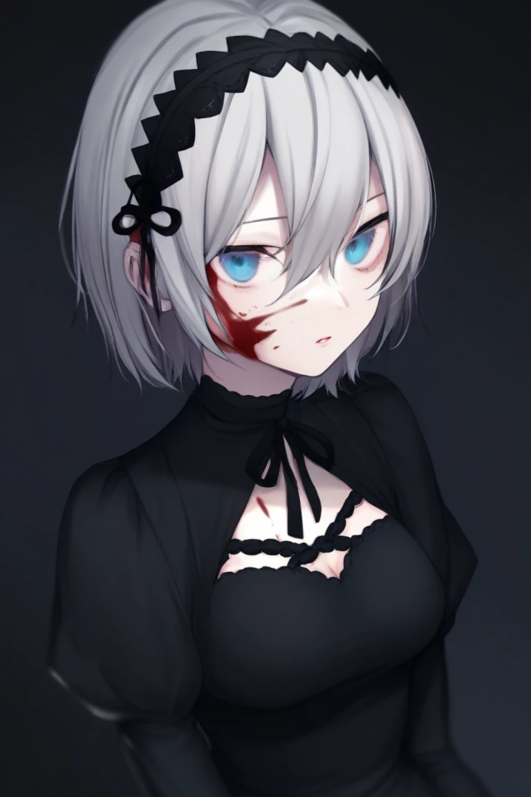close up portrait of a girl with blood on her face, wearing a hat, gapmoe yandere, grimdark demon anime girl with glowing red eyes, tall anime monster girl, (anime girl), Junko Enoshima, portrait of gapmoe yandere grimdark girl, blood on clothes and face, night core