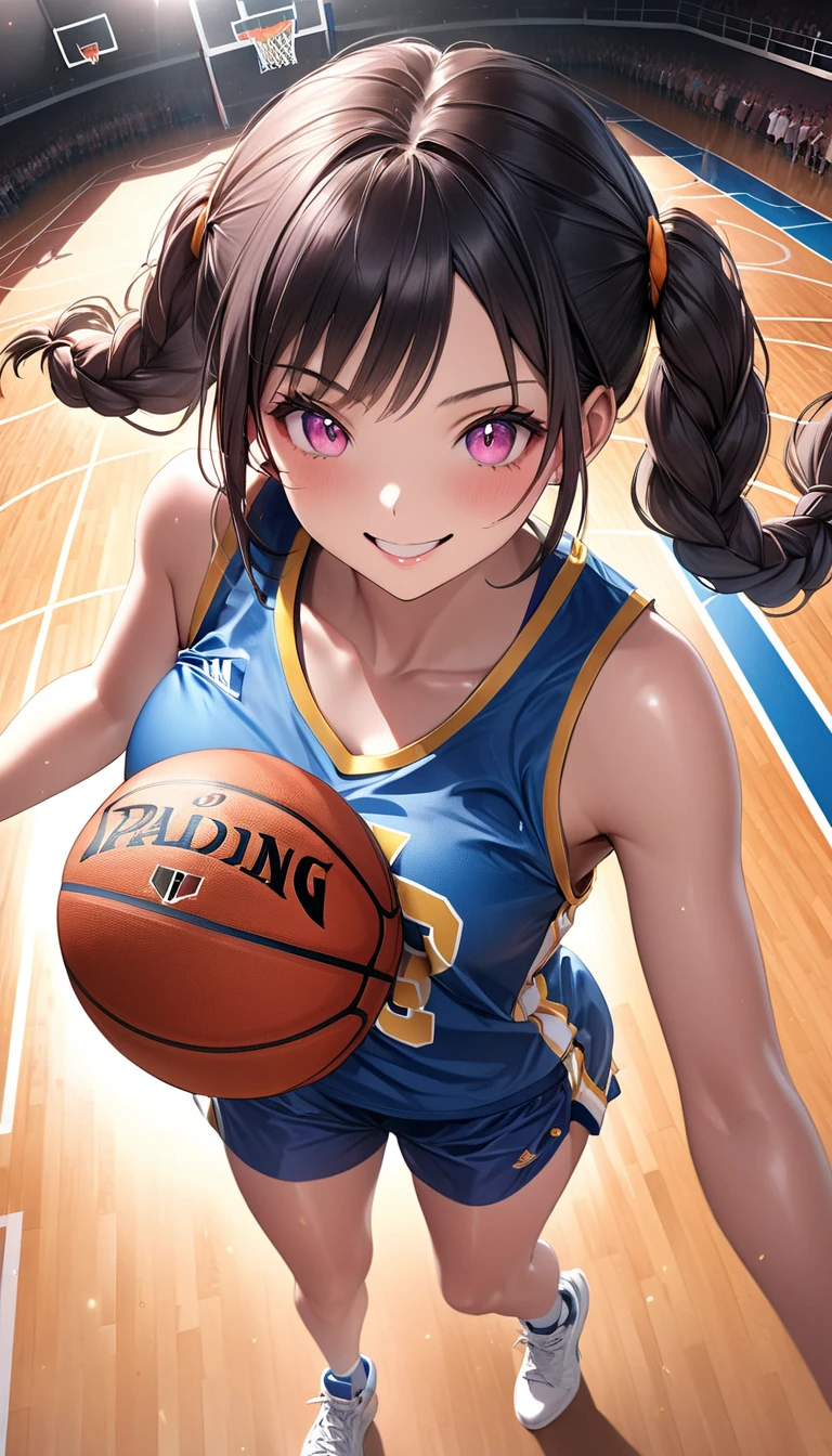face close-up,looking down,dribbling a basketball,,smile,sportswear for basketball, adorable, japanese girl, Hair brown hair,Braid, hair scrunchie, (high color saturation:1.0), highest quality, ultra high resolution, Super detailed, 10K, RAW photo NSFW