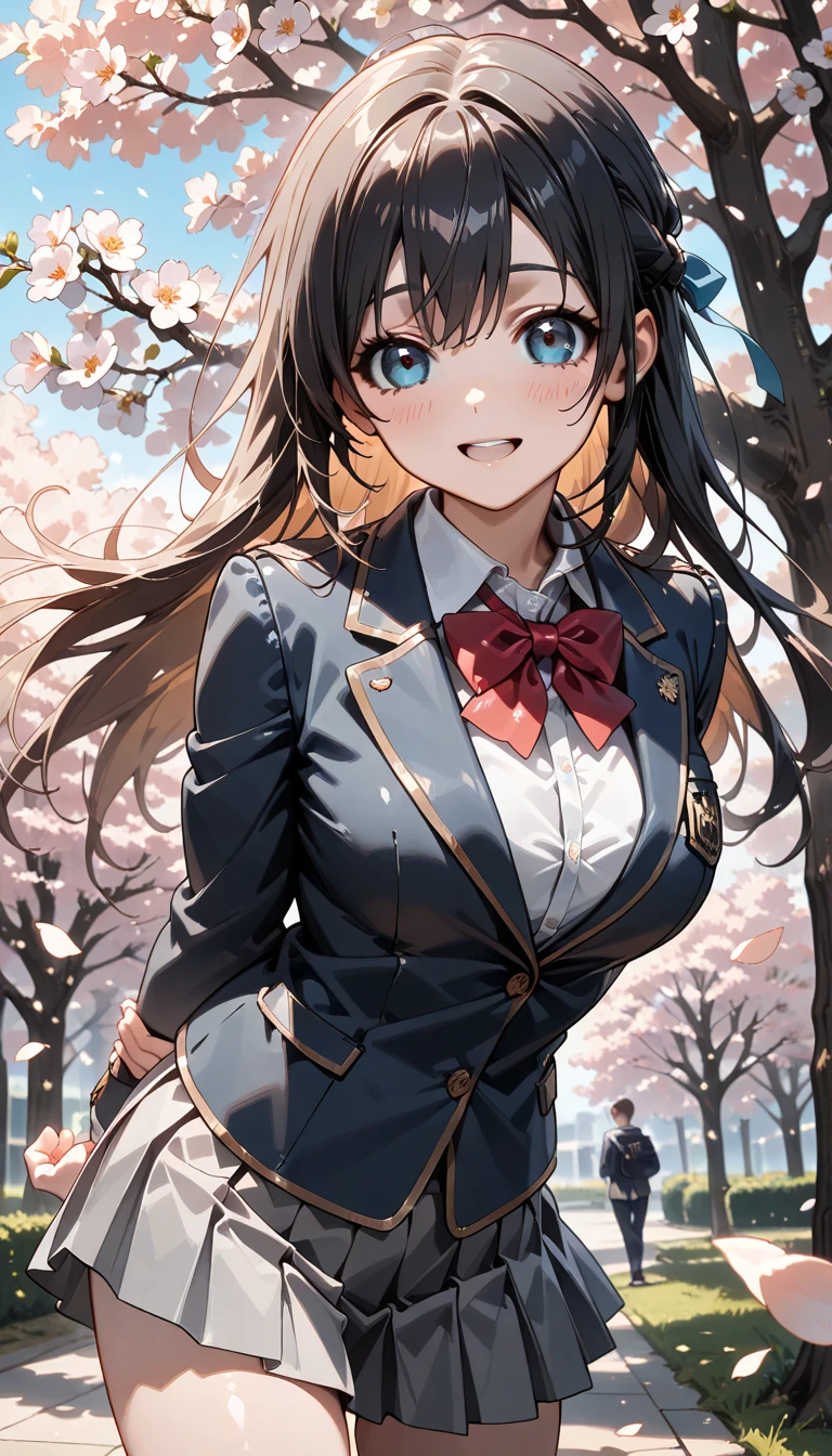 (masterpiece, highest quality, best image quality、High resolution:1.4),8K, anime style、Morning commute route、cherry blossom in full bloom、SakuraFubuki、draw the whole body、perspective from below、(pure white skin:1.4),(straight hair,medium long hair、 bangs, dark brown hair:1.2)、(curly hair:0.3), white hair clip,(brown eyes、the best round and big eyes:1.4),droopy eyes、beautiful eyelashes, (smooth texture:1.2, Realistic texture:1.1, the wind is blowing), medium breasts,, (red bow tie, school uniform, navy blue jacket, open jacket, white shirt, red pleated skirt、white panties:1.3), smile, open your mouth、teeth、Skirt flips in the wind、