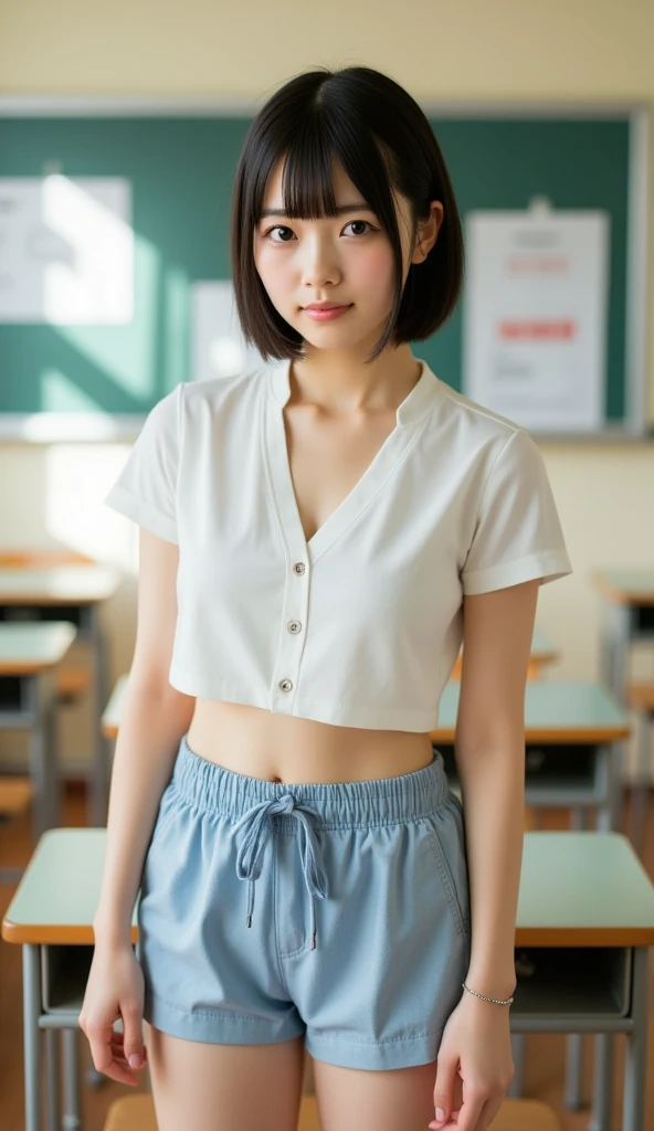 a closeup, ​masterpiece, top-quality, FULL ANATOMY、Raw foto, Photorealsitic, faces, unbelievable Ridiculous, beautiful a girl, cute little, shorth hair, White underwear、depth of fields, hight resolution, ultra-detailliert, finely detail, ighly detailed, extremely detailed eye and face, Realistic pupils, foco nítido, Cinematic lighting、flat breast、tiny chest、small tits、(Petite bust:1.2)、Petite bust、 (Slimed、small tit、flat boobs、small tit)、 Delicate and sexy collarbone、Deep chest、a 20 yo woman、Sexual facial expressions、sexy  pose、 (Panties are visible)、 Wet body、Blushing、Sweating、Very embarrassed look、The face is bright red、short-hair、Straight bob hair、Shorthair with bangs、A smile、Schoolgirl Uniform、Panties are visible from the skirt、Very detailed 8k wallpaper、Sheer white shirt、Navy blue ribbon at the collar、Dark blue pleated micro mini、Show me your whole body、Plump panties、White Sox、Lift the hem of the skirt、Lift the hem of the skirt up to your stomach with both hands、Lift the hem of the skirt yourself,、Showing her panties to the camera、is standing、‎Classroom