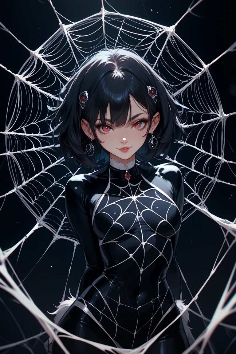 cinematic lighting、super dense skin、Beautiful quality with attention to detail、cyber punk、(alternative、dull tones、calm tone:1.3)(1 beauty、Beautiful face in every detail:1.3)(Bewitching Black Spider Tight Suit:1.7)(nunja～well-shaped chest、Arachne tattoo on chest、Arachne:1.2) (look back、squat、raise your hand、4 arms:1.2) (Body fluid adhesion:1.4) spider web、Arachne&#39;s white threads are attached to the body.（dynamism:1.4）（arachne nest:1.5）、natta。jpn、Skyscraper