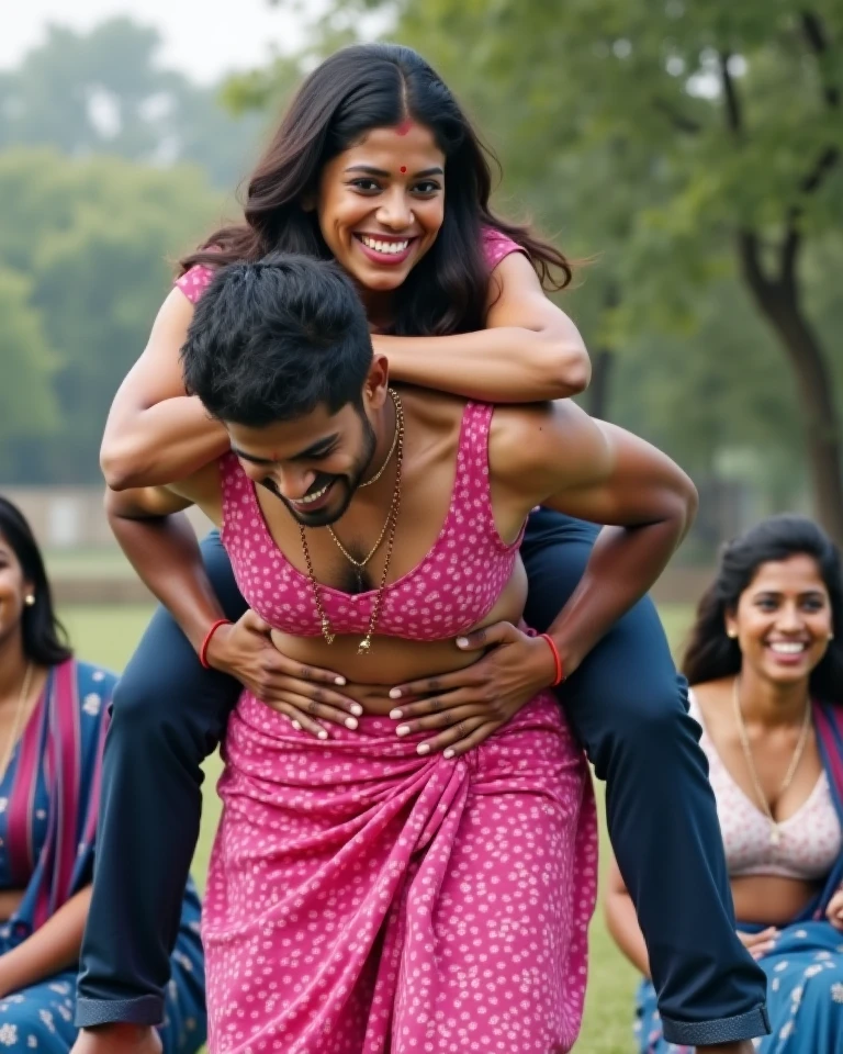 a real Indian 23 year old boy 16 year old beautiful slim girl have a big boobs and showing cleavage in black trancperant saree, without any blouse and bra , see this side boy chatching a watter botel hands and water falling on girl's brest, and girl are smile wearing white transparent t-shirt there are some other people on the road, front facing , the background behind the boy and girl is blurred, beautiful realistic photo, very beautiful photo, 4k hd realistic image.