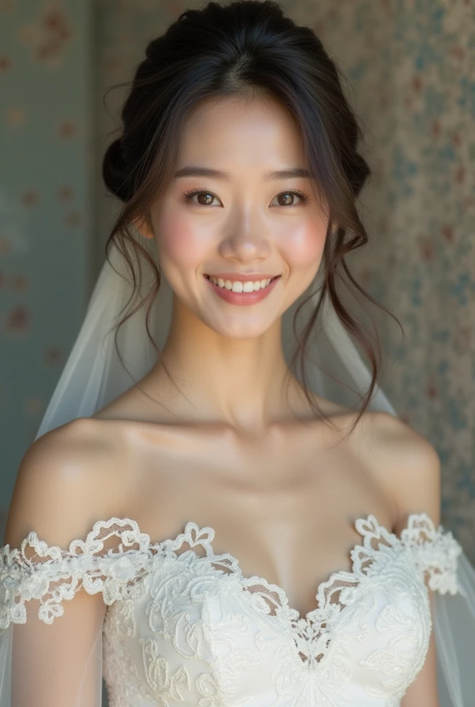 Fashion model 18 years old [[[[closeup cleavage]]]], [[[[boobgasm]]]], [[[[coll]]]], [[[[bshoulders]]]], perfect  eyes, Perfect iris，perfect lips，perfect teeth，Perfect skin，Long face，Soft front light，HDR，filmgirl,wedding gown，（pastel colour：1.2）