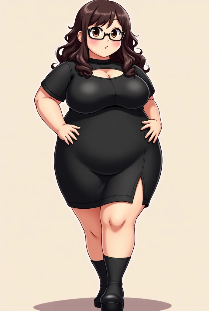 moe artstyle, scribble, A tall girl with large breasts and wide hips, with black hair with purple dyed tips, wearing a black off-the-shoulder blouse and a dark purple pencil skirt and black high heels, with pink glasses on her head 