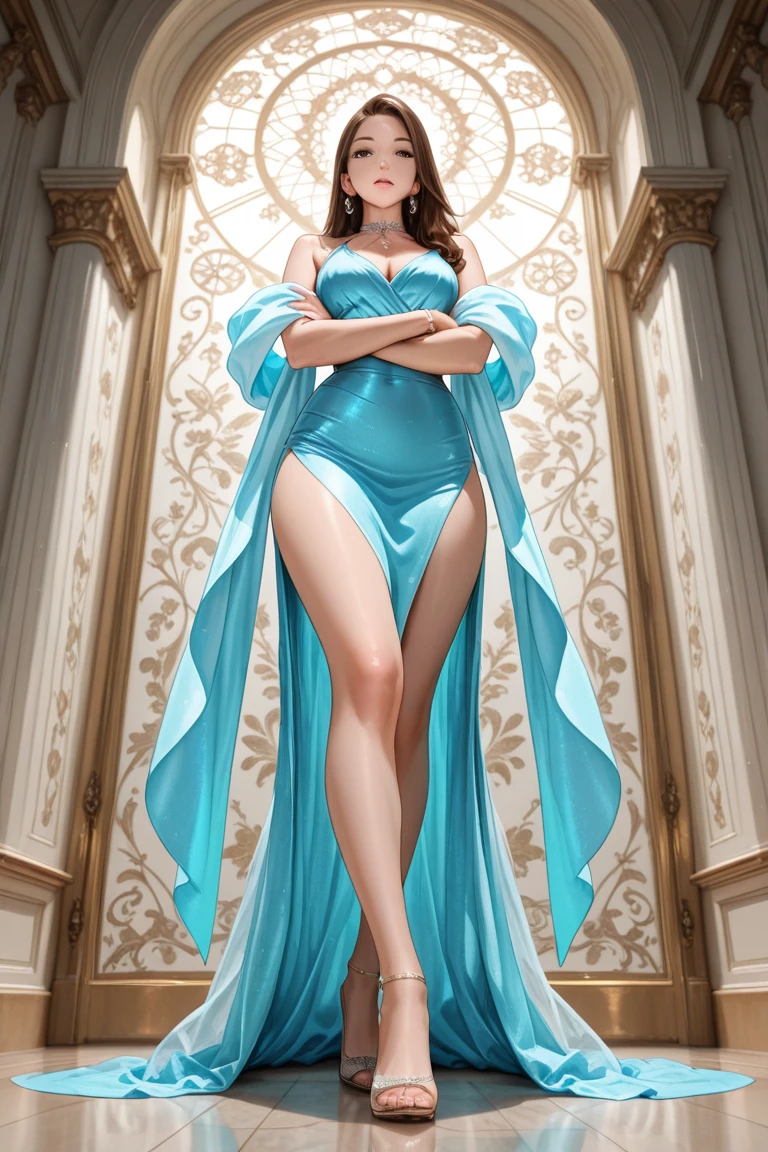 high quality, 8k, realistic, photorealistic, detailed portrait, 1girl, asian, desi female, long dark brown wavy hair, grey eyes, thin glossy lips, light makeup, royal blue a line dress, white ankle strap pumps, posing, party pub background, full length view, extremely detailed face and eyes, highly detailed skin, beautiful eyes, beautiful lips, intricate details, cinematic lighting, rich colors, dramatic contrast