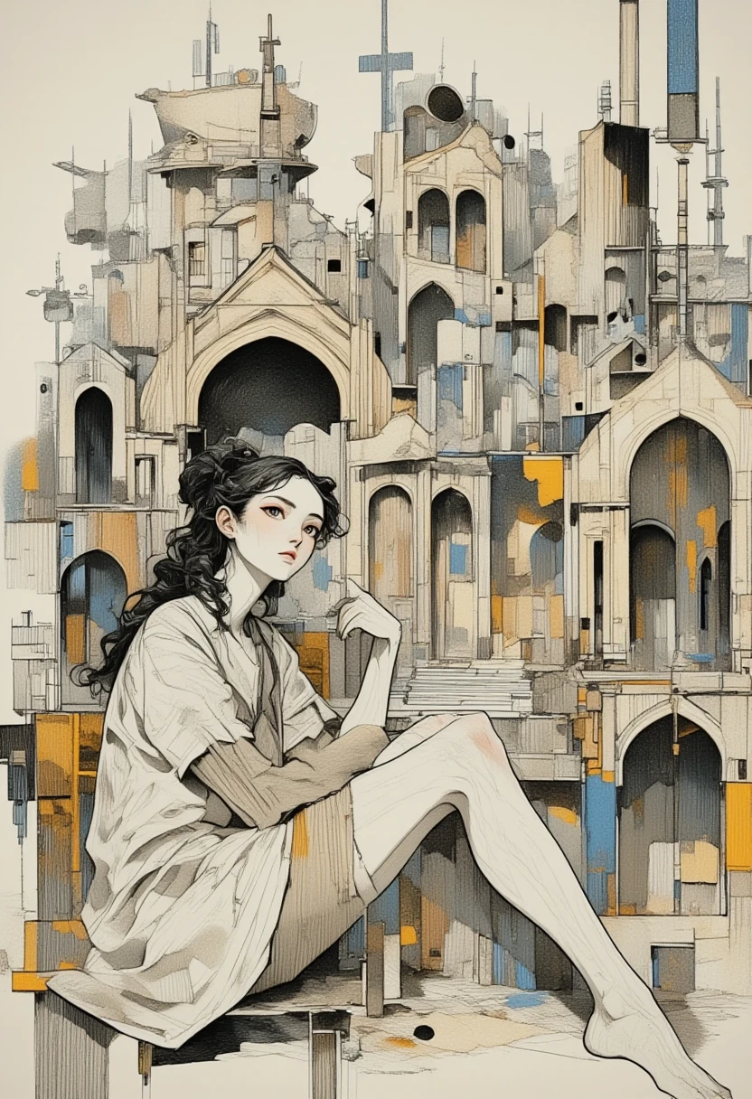 Beautiful young woman, against the background of beautiful surrealist architecture, thoughtful look, expressive facial expressions,beautiful anatomically correct hands, finely stylized hair, proportional body, interesting dynamic pose, complex composition, the finest detail, restrained colors, lines, spots, splashes of paint, strokes, color perspective, tonal perspective, stylization, linear digital art, surrealism, illustration, ink, watercolor, graphics, abstraction, high detail, lots of small details