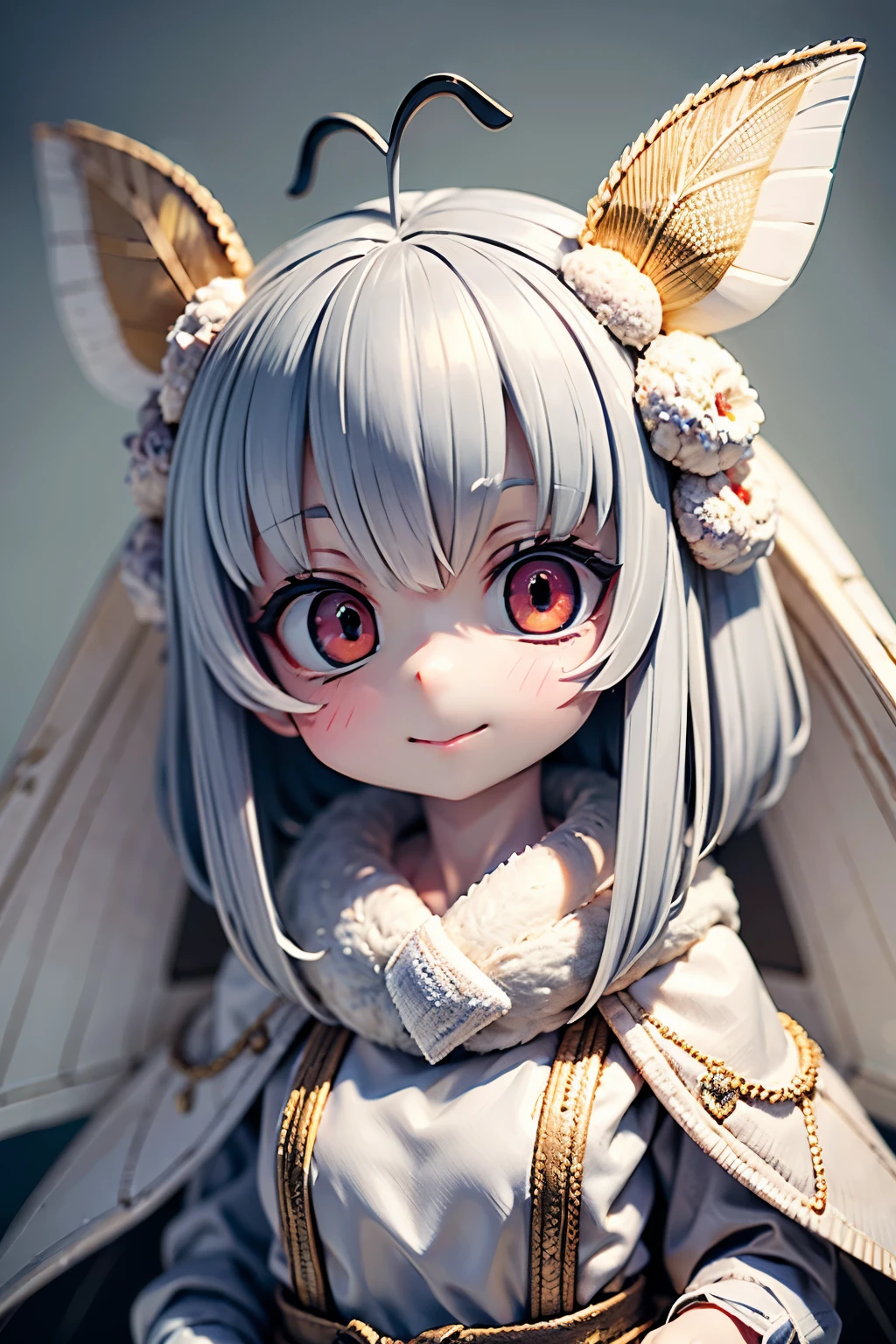 solo,1 Female\(cute, cute,small ,Skin color is white,short white fur ,( large moth wing hair :1.7),white dress\( beautiful race \),( two moth antennae on the hair :1.2), big evil smile ,[ moth wings on back :2.0],[ moth wings :2.0],[Moth Wing:2.0],[Extra Arms],Moth Wingは毛の部分にのみある\),background\( dappled sunlight , beautiful forest, dark,\), break ,quality\(8k,very detailedCGユニットのwallpaper, masterpiece,high resolution,top-quality,top-quality real texture skin,surrealistic,increase resolution,RAW photo,最高のquality,very detailed,wallpaper, movie lights, Raytrace , golden ratio,\),close-up face