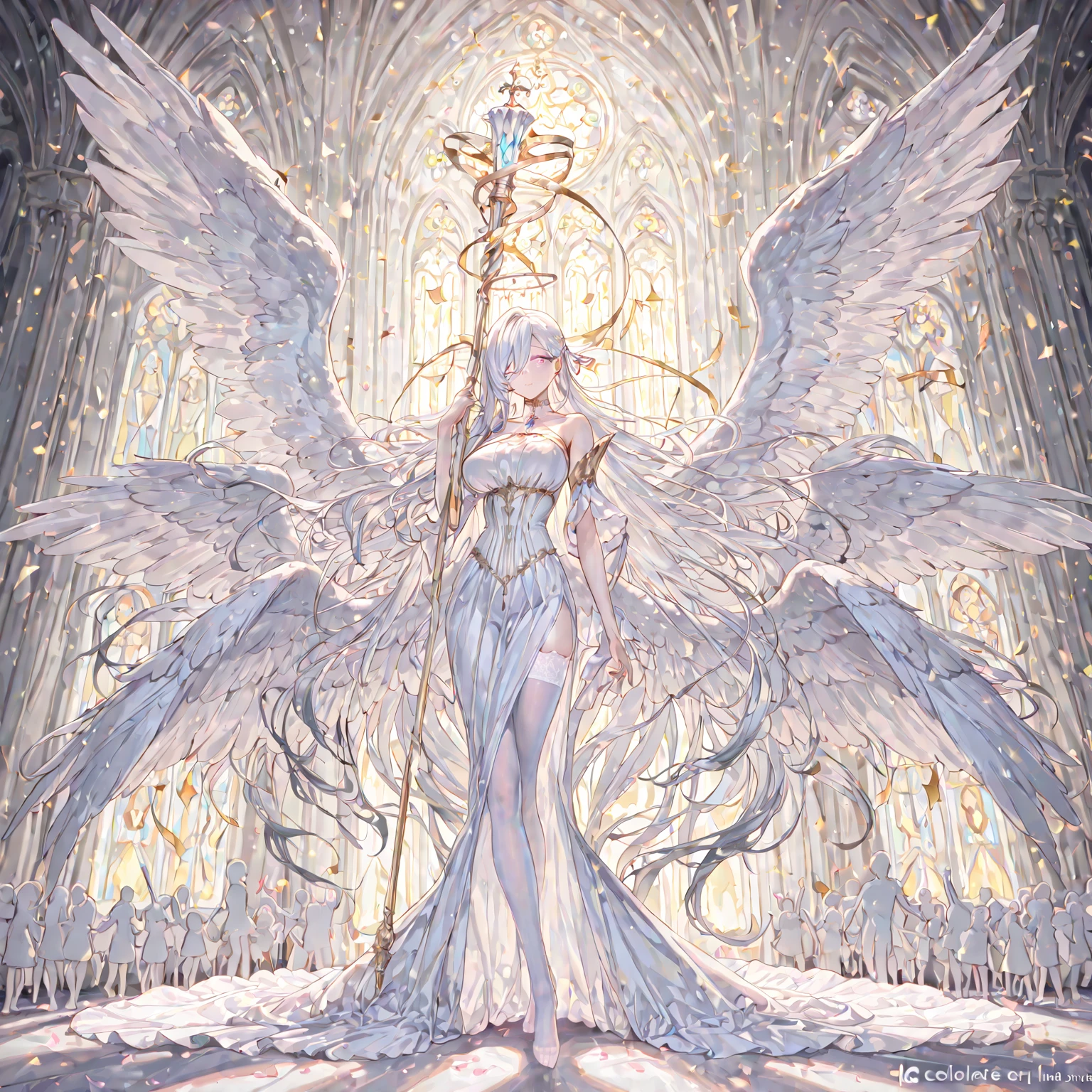 A white divine dragon with white scales, wrapped around a fairy, a fairy with long flowing hair and delicate facial features, wearing a long dress with clear and delicate layers, and a beautiful headdress