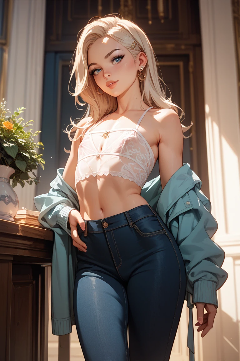 russian beautiful girl in golden and black specdi and small cleavage line, medium breast, beautiful blue eyes, jeans,
