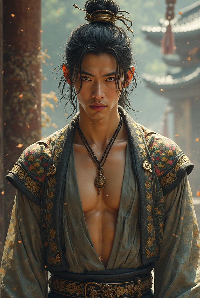 K-pop idol, male, Korean, shirtless, jewelry, dnd style, black hair, fantasy