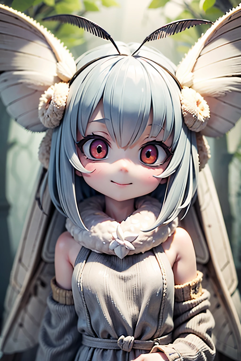 solo,1 Female\(cute, cute,small ,Skin color is white,short white fur ,( large moth wing hair :1.7),white dress\( beautiful race \),( two moth antennae on the hair :1.2), big evil smile ,[ moth wings on back :2.0],[ moth wings :2.0],[Moth Wing:2.0],[Extra Arms],Moth Wingは毛の部分にのみある\),background\( dappled sunlight , beautiful forest, dark,\), break ,quality\(8k,very detailedCGユニットのwallpaper, masterpiece,high resolution,top-quality,top-quality real texture skin,surrealistic,increase resolution,RAW photo,最高のquality,very detailed,wallpaper, movie lights, Raytrace , golden ratio,\),close-up face
