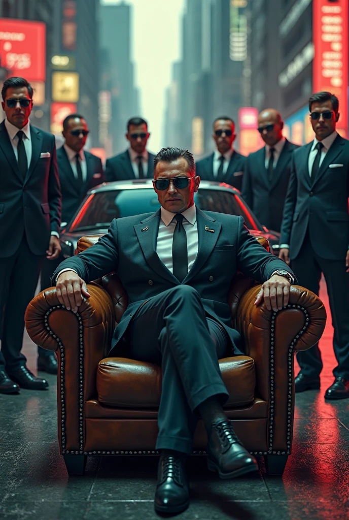 In the center of the poster, a strong, handsome, and young Mafia Boss sits confidently on an opulent boss chair. His posture exudes authority and dominance. Behind him stands a beautiful woman, her elegance and grace complementing the Boss’s powerful presence. Next to her, a contrasting figure, the Mafia Boss's other persona, is dressed in simple attire, adding depth to his dual identity.

The background features a luxurious bungalow, its grandeur highlighted by the sophisticated design. A crowd of men in black suits, holding guns, stands in the foreground, their attire and weapons reinforcing the mafia theme.