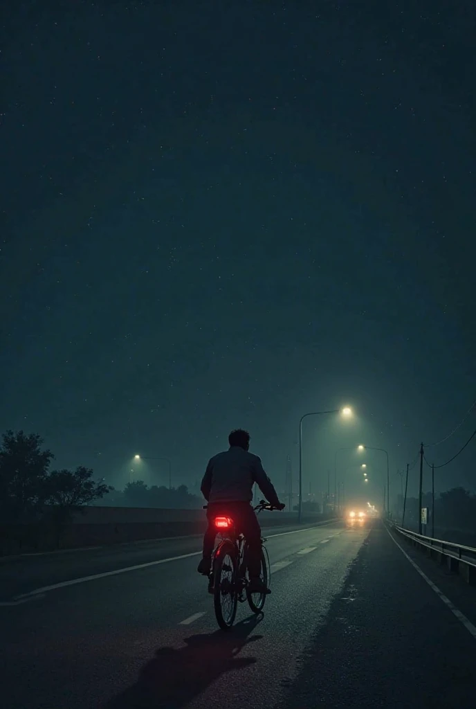 Step 2: The Journey Begins
Pastor Praveen is seen riding his bike at night on a lonely highway.
The environment is dimly lit, with streetlights casting shadows.
Wind sound effects and distant vehicle noises for realism.