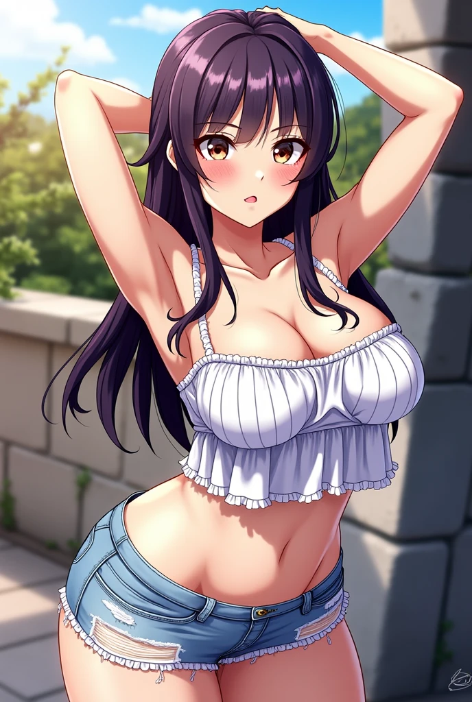 masterpiece, best quality, very aesthetic, absurdres, anime artwork, beautiful artwork, super fine illustration, hyper detailed, 1girl, beautiful face, tsurime, blunt bangs, flowing, black violet hair, long hair, straight hair, large breasts, bra, denim hot pants, bra lift, zettai ryouiki, looking at viewer