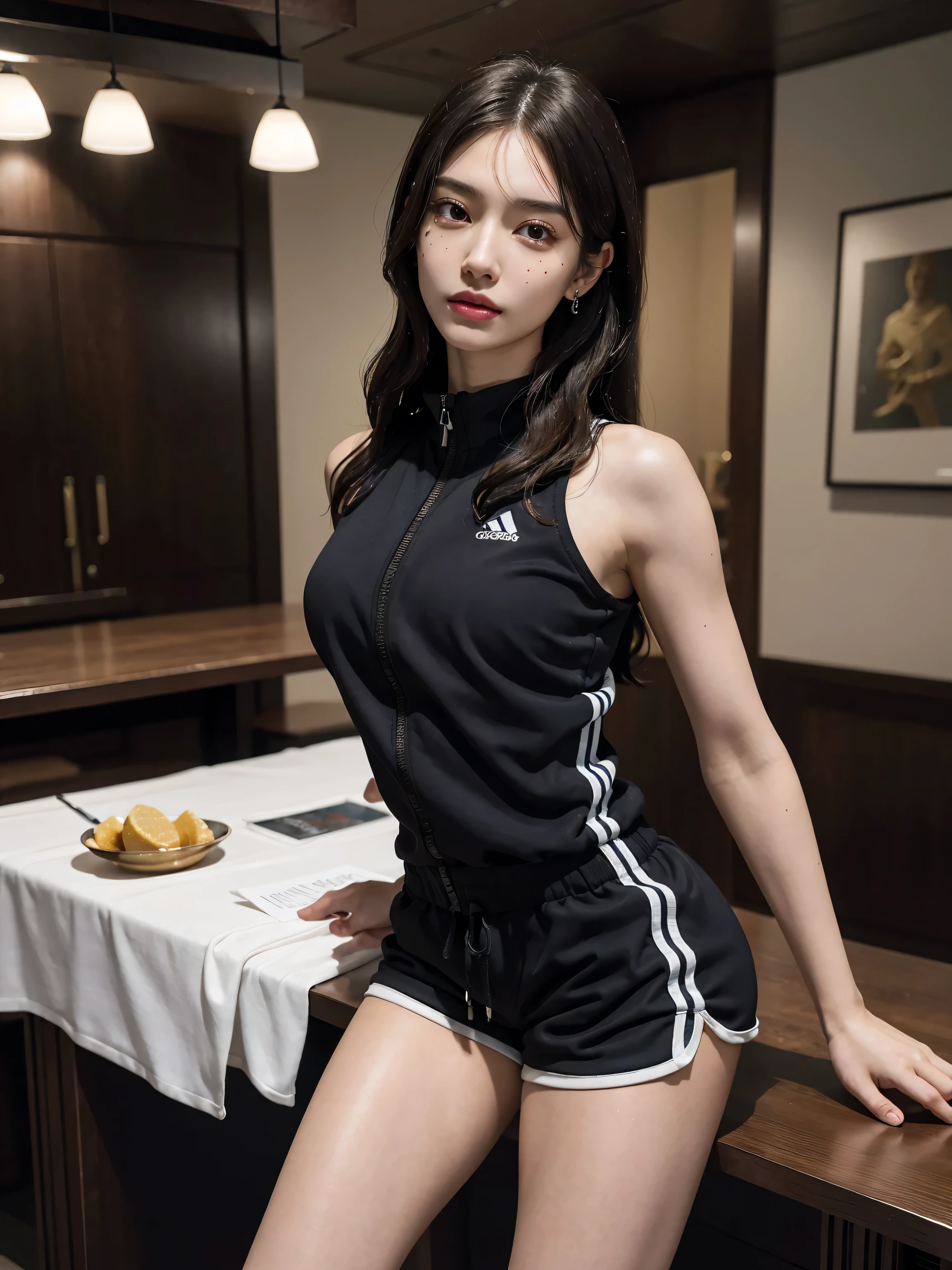 (absurdres, RAW photo, extremely delicate and beautiful, masterpiece, Best Quality, ultra high resolution, 16k, hyperrealistic, ultra-detailed), perfect anatomy, super Detailed skin, perfect figure, Very detailed CG 8k wallpaper, in her 20s, very Slim body, narrow waist, very small head, very small face, delicate facial features, tearful mole, earring, thin legs, (very huge round breasts), (full body shot), short hair, (wavy hair), light brown hair, (3 girls), ((track suit)), (shorts), (sleeveless), bed, (wet),