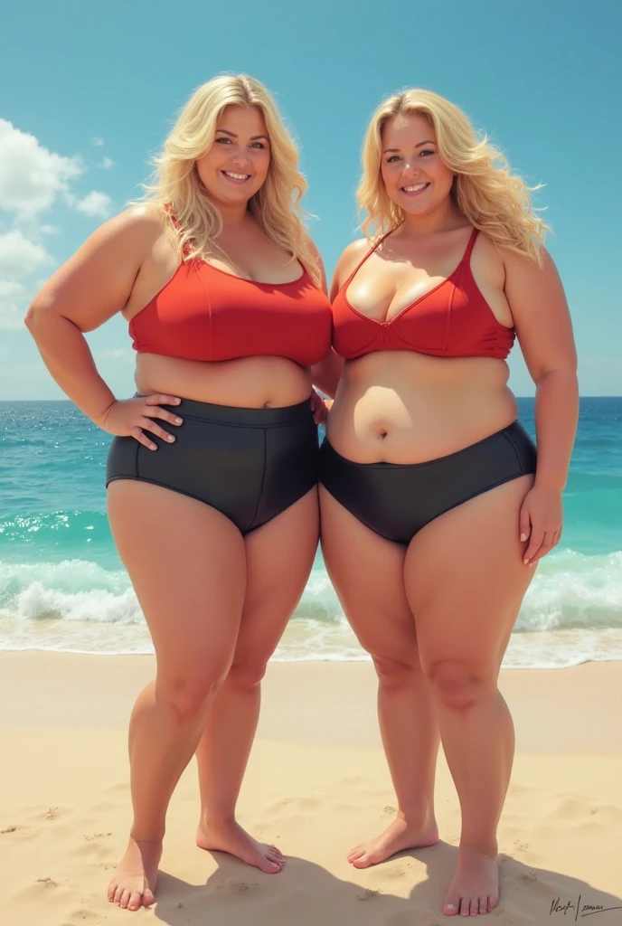 Two plus size model women are obese and fat, 200kg, with a lot of fat on their stomachs and buttocks, they have gained weight by eating too much, they are obese blonde haired American plus size models with very big bellies, their bellies are bulging and covered with a lot of fat, they are American sumo wrestlers wearing colorful bikini swimwear, slamming their buttocks against each other on the sandy beach, 4K quality