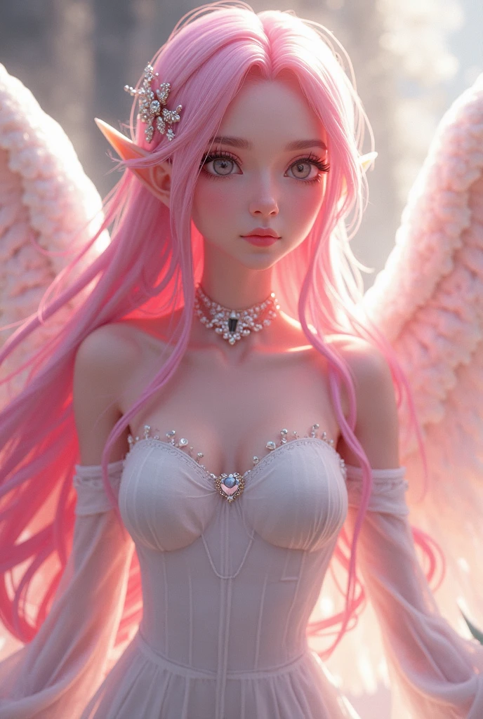 (absurd, High resolution, Super detailed), 1 girl, alone, very fine eyes, (official art, beauty and aesthetic: 1.2), (fractal art: 1.3), White-pink color scheme, most detailed angel goddess large wings God Goraiko