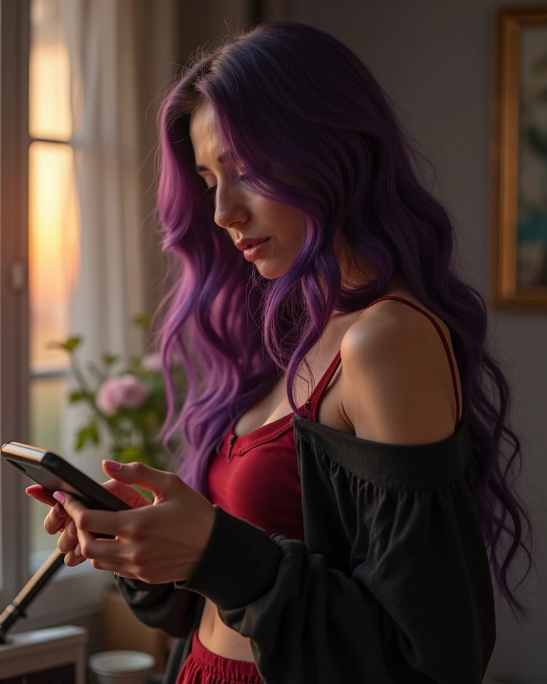 The image shows a woman with long purple hair and tattoos on her arms and legs, sitting on a chair and holding her phone.