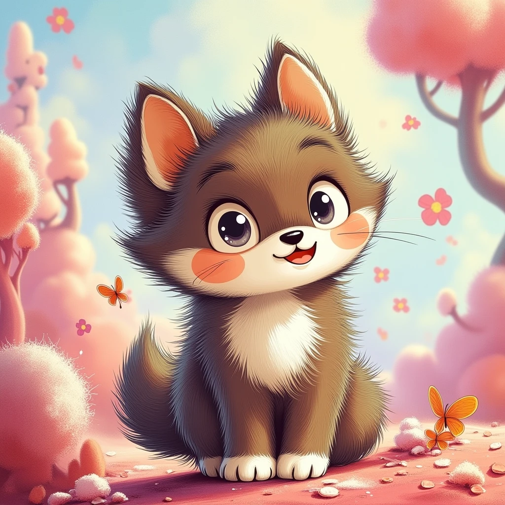 Cute Fluffy Animals Style, rabid wolf with gray-brown and tan-brown color palette