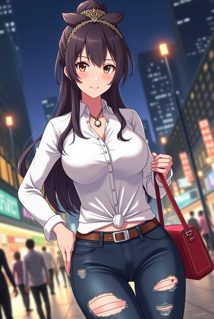 Huge cleavage, (masterpiece, top quality, best quality:1.2) cleavage, (cleavage), 1girl, solo, long hair, looking at viewer, bangs, brown hair, brown eyes, school uniform, upper body, necktie, vest, (low twintails, hair over shoulder,) black necktie, breasts, blush, skirt, large breasts, shirt, thighhighs, cleavage, school uniform, pleated skirt, choker, black thighhighs, necklace, bracelet, plaid, red skirt, garter straps, plaid skirt, thigh, partially unbuttoned, gyaru, kogal, shy look,  huge tits