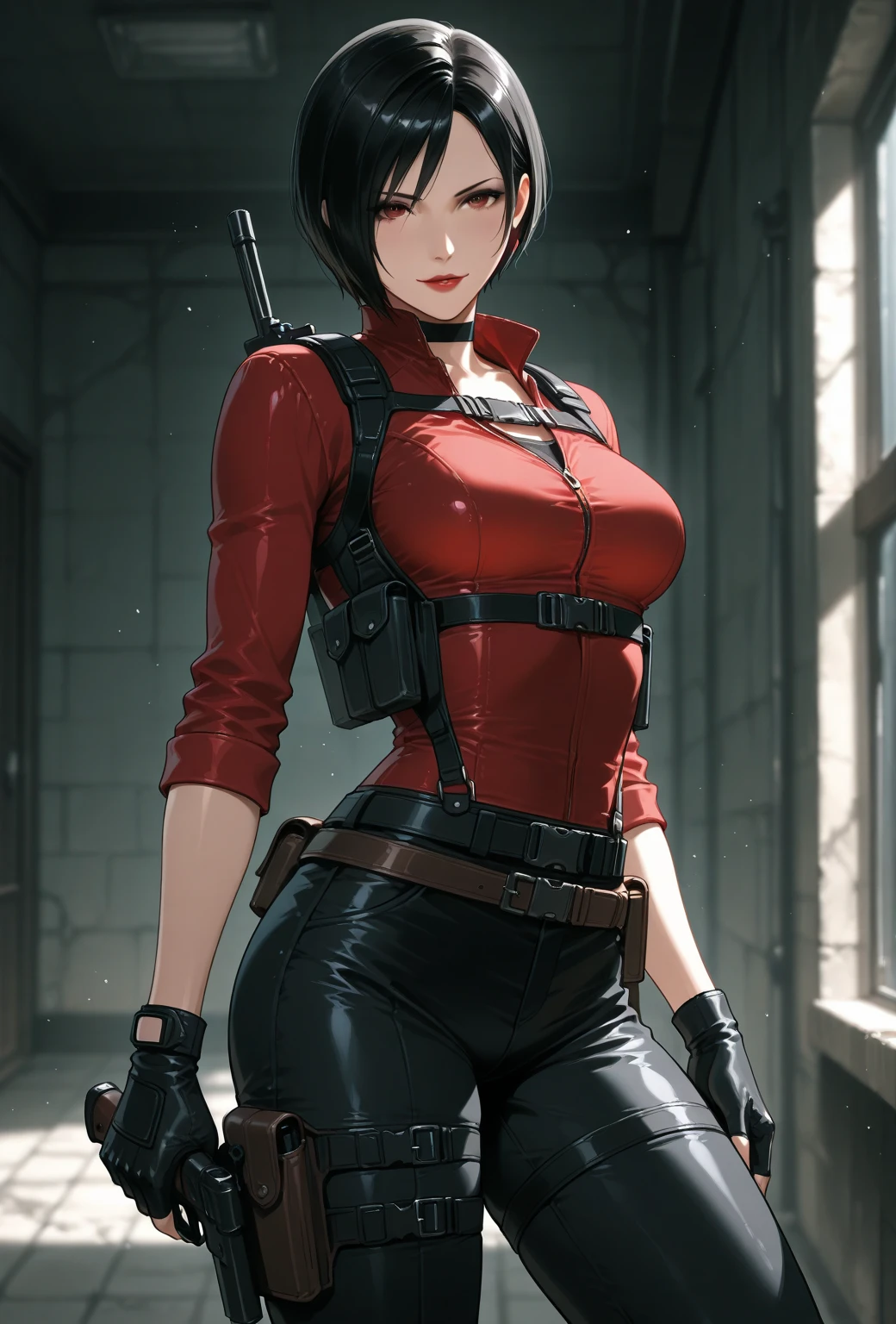 score_9, score_8_up, score_7_up, score_6_up, 1girl, Ada Wong from resident evil, busty, small waist, wide hips, tactical gear, camouflage outfit, from front, sitting on a table, cleavage, destroyed laboratory, zombie apocalypse , boots