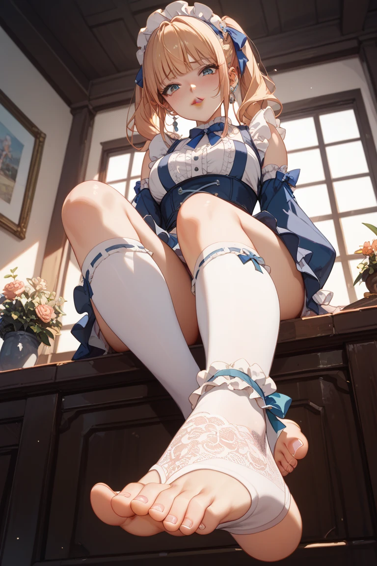 （Enrich the picture，Masterpiece level quality）Beautiful 8K CG artwork，Goddess-like posture，Tummy position，Slim and soft，Translucent skin，White hair、The beauty of extra-long hair, Super Long Straight Hair，The skin is fair and juicy，Underwear uniforms，Perspective Part 1.2x enhanced silhouette effect，Exquisite transparent blues pattern in pajamas，The details are intricate and exquisite，The background is slightly blurred，Charming and lustful leg seduction，Drool，Extra-large big breasts，Blush，Japan goddess，Perfect body slim curves，