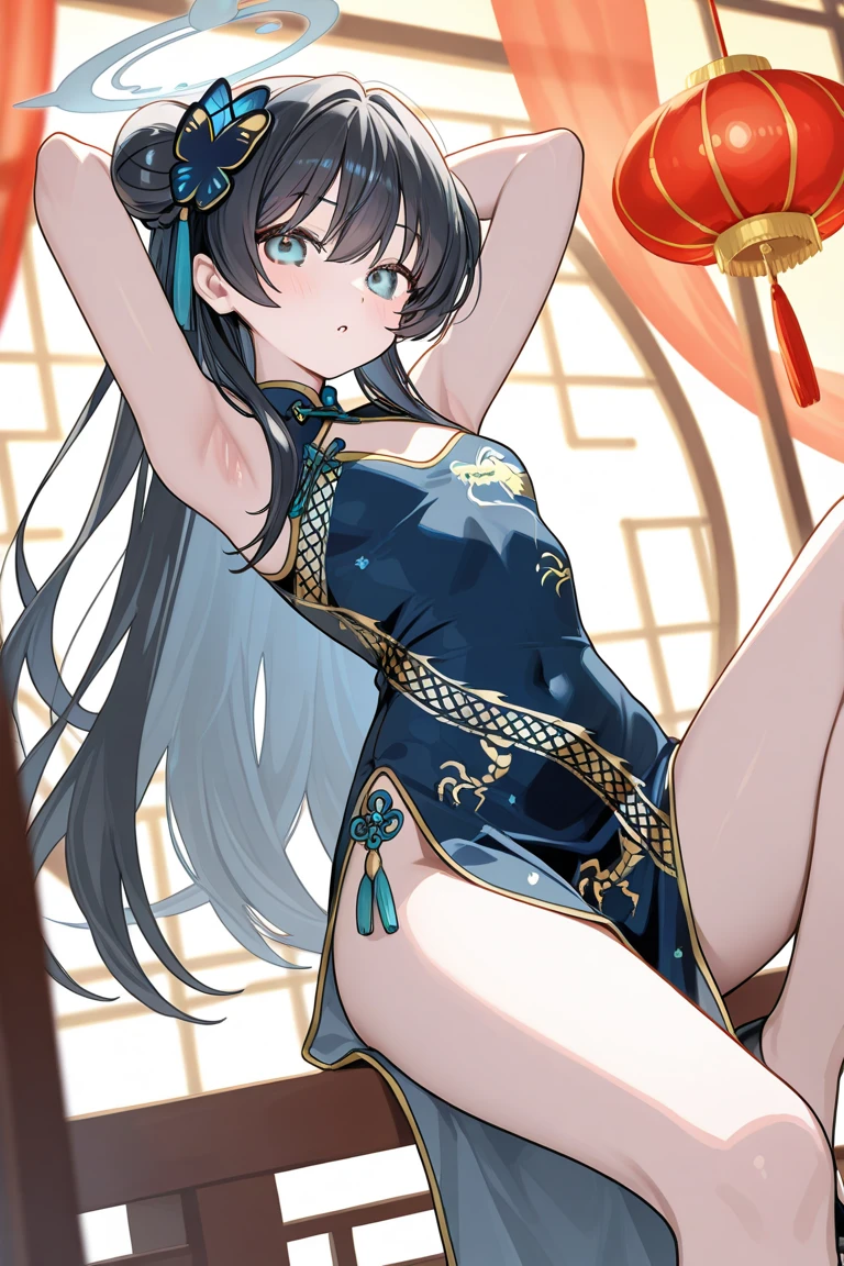 (Realistic:1.3), (photoRealistic:1.2), (highest quality), (Detailed skin:1.3), (Intricate details), One woman, 19 years old, Detailed skin texture, (blush:0.5), Scattered beneath the surface, smile, Black Hair, Straight Hair, Long Hair, bangs, Hair between the eyes, Reduce hair volume, Sparkling blue eyes, Lens Eye, Light reflection in the eyes, Symmetrical eyes, looking at the camera, hair ornaments, Close-fitting clothing, Wearing edgJF_China dress, Side slits, (China dress), Floral prints, A woman has two legs, Two arms, Five fingers, Two joints in the fingers, Fingers are roughly parallel, barefoot, Depict the whole body. (((Study))), vagina, no_panties, (Functional), vaginaに指, Spread your legs