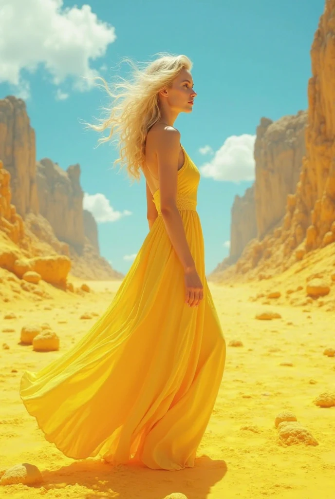masterpiece, Highly detailed 8k raw photo, best cinematographic quality, Volumetric lighting and shadows surround a beautiful blonde girl in a yellow comic book dress and aquamarine eyes,  First person view shot war background