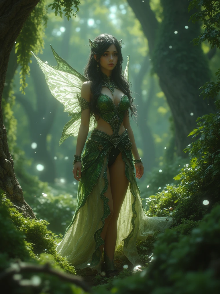 uma mulher bonita, 8UHD, corpo inteiro, flutuando na floresta encantada, Dryad, fantasia, usando vestido longo, Aura verde, Bio-luminescence, olhos verdes, Cabelo Dourado, Chuva. Evite roupas curtas, Evite posturas sensuais, evite roupas sensuais, Por favor.