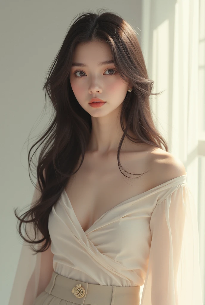 detailed background, masterpiece, best quality, 1 person , curly hair, long hair, purple eyes, star in eye , white Strapless blouse, long skirt