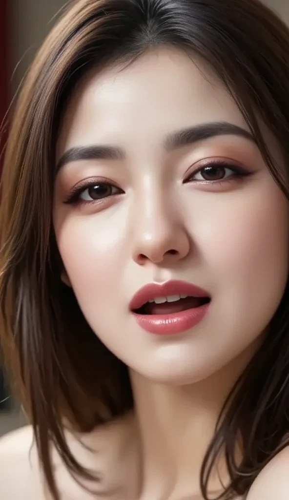 (Sexy gaze:1.5)、The most beautiful face、japanes、Pure white skin、Long hairstyle、high definition eyes、Brown eyes、Sleeping on her back on the bed、(huge tit、dishevled hair:1.3)、Open your mouth very wide、Raise the chin、blush、sweat all over、thin makeup、light eyebrow、面長、Adult face、Luxury bed、a necklace、UHD, high details