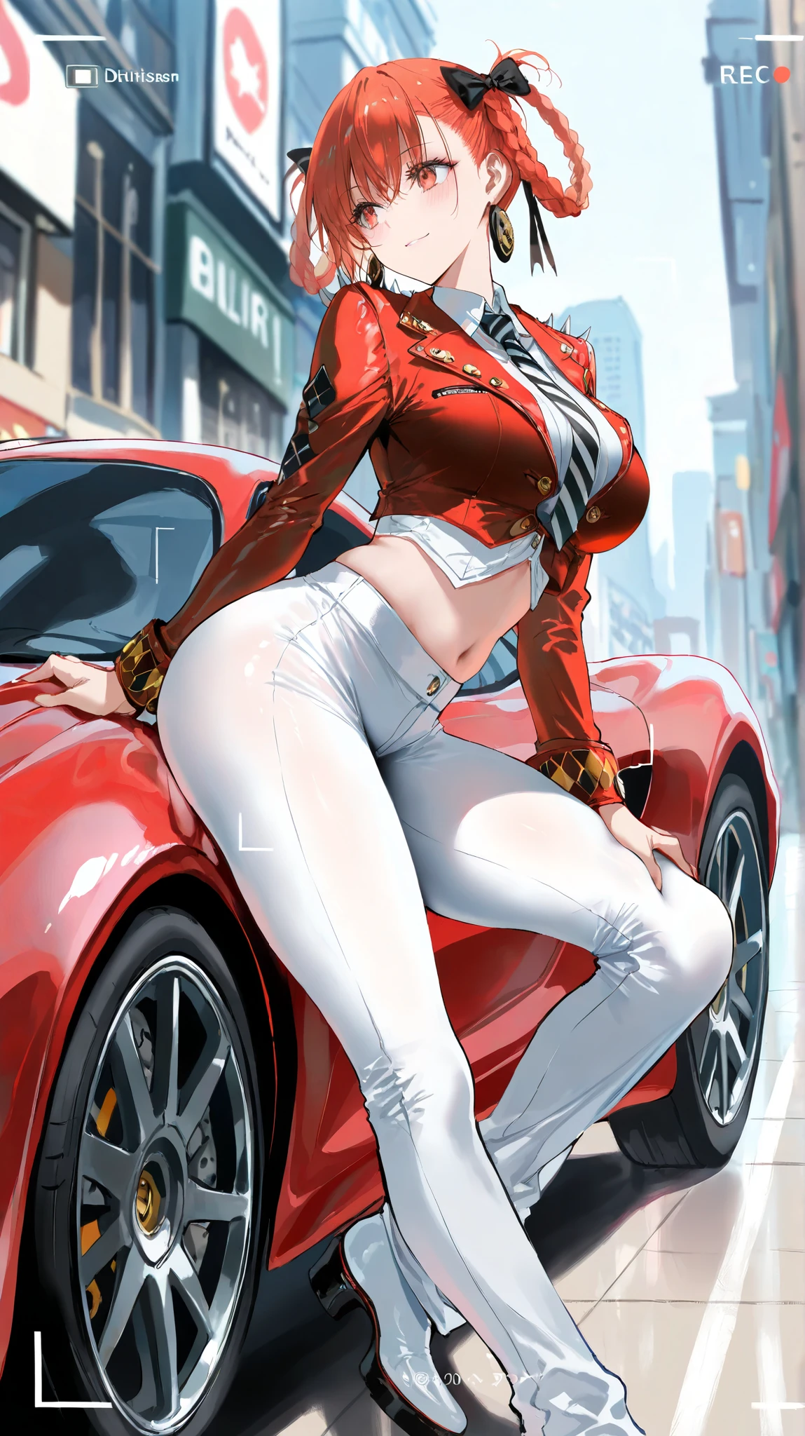 1girl,sit on a car,bmw sports car,pinkish background,medium breast,jacket,v neck,maintain figure,blonde hair,blue eyes,hot pants,thigh socks,bracelets,high quality,best quality,master piece,detail hair,detail face,good anatomy,seductive smile,long nails, slim body