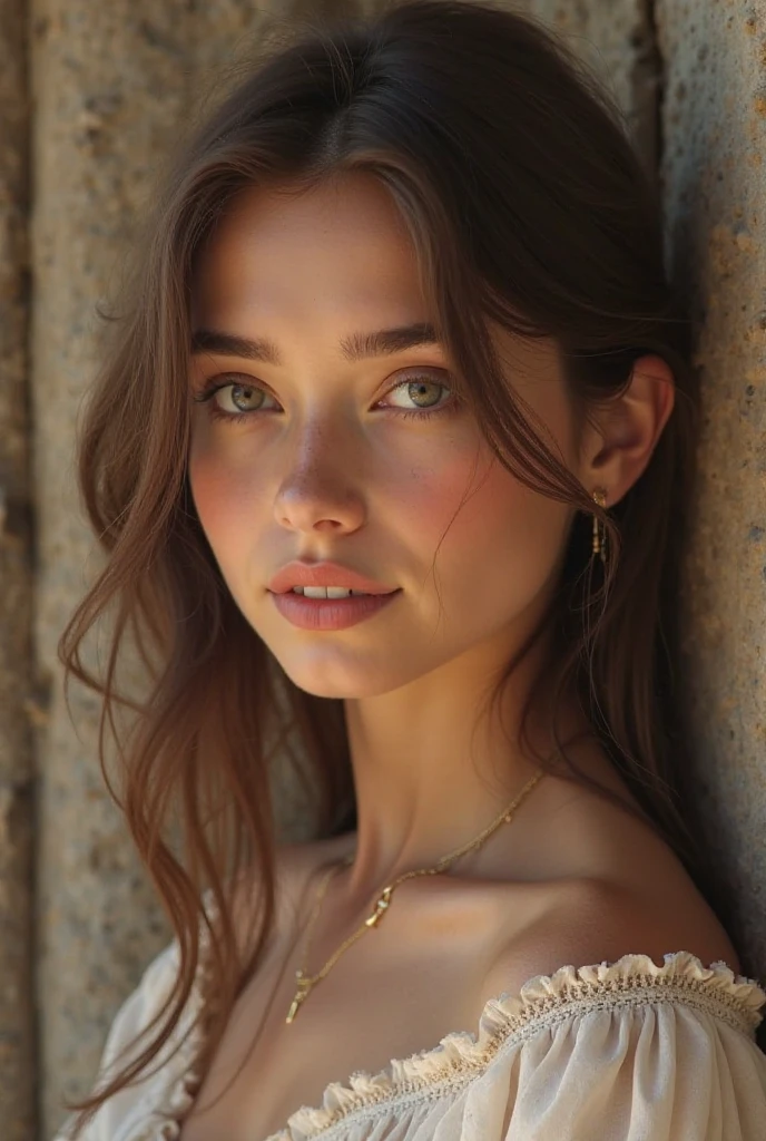 Belle jeune fille italienne brun clair, Longs cheveux bruns, yeux verts, perfect detailed face, perfect detailed nose, perfectly detailed lip, perfect detailed chin. perfect detailed hand, perfect detailed finger, porter une robe moulante attire sans effort l'attention avec ses courbes généreuses, her confidence accentuated by a subtle but seductive neckline. Dans la rue en Italie